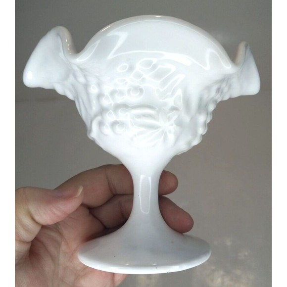 Indiana Milk Glass Ruffled Grape and Leaves Small Compote Sundae Dish 4.5 Tall - Picture 3 of 7
